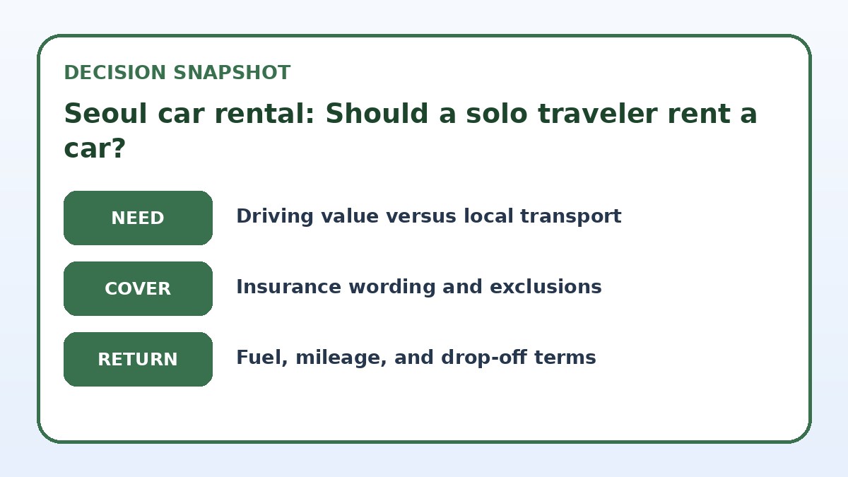 Decision guide for Seoul car rental: Should a solo traveler rent a car?