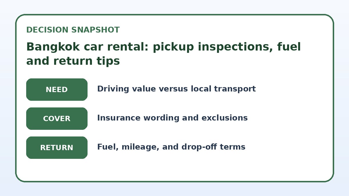Decision guide for Bangkok car rental: pickup inspections, fuel and return tips