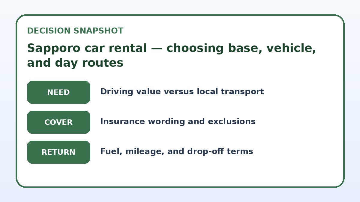 Decision guide for Sapporo car rental — choosing base, vehicle, and day routes