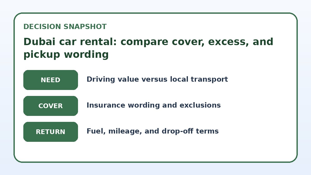 Decision guide for Dubai car rental: compare cover, excess, and pickup wording