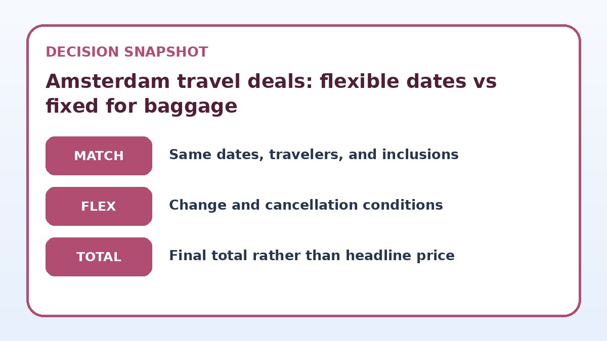 Decision guide for Amsterdam travel deals: flexible dates vs fixed for baggage