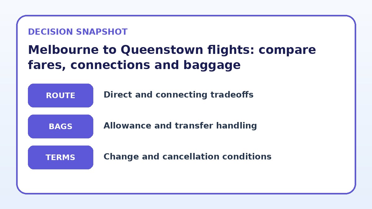 Decision guide for Melbourne to Queenstown flights: compare fares, connections and baggage