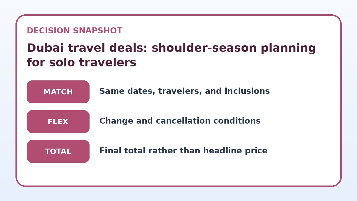Decision guide for Dubai travel deals: shoulder-season planning for solo travelers