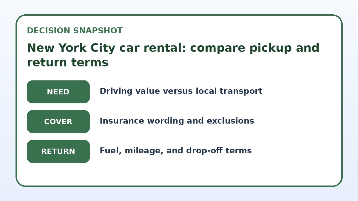 Decision guide for New York City car rental: compare pickup and return terms