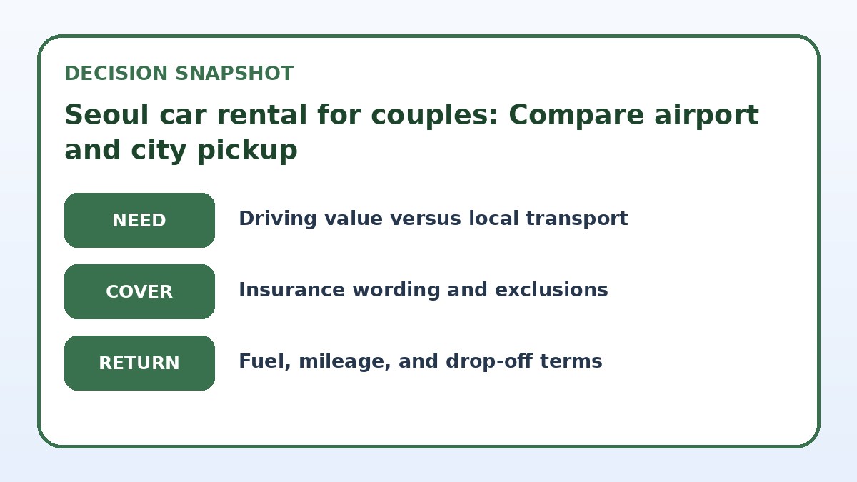 Decision guide for Seoul car rental for couples: Compare airport and city pickup