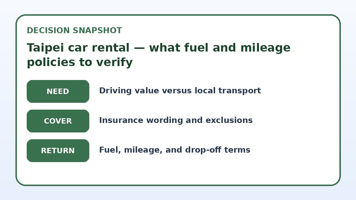 Decision guide for Taipei car rental — what fuel and mileage policies to verify
