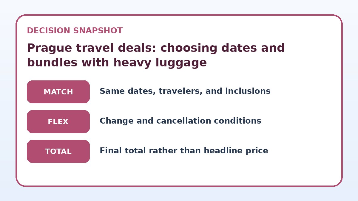 Decision guide for Prague travel deals: choosing dates and bundles with heavy luggage