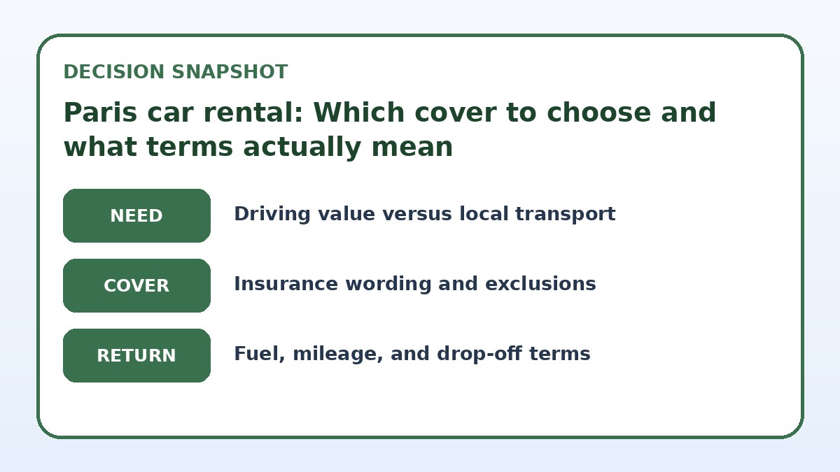 Decision guide for Paris car rental: Which cover to choose and what terms actually mean