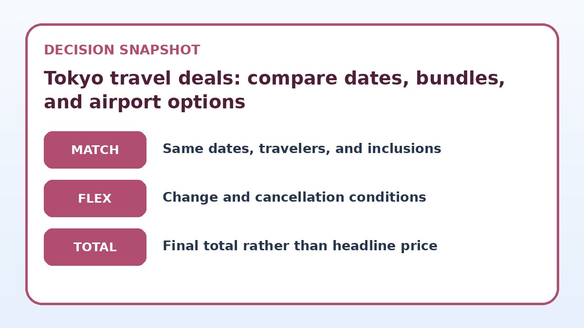 Decision guide for Tokyo travel deals: compare dates, bundles, and airport options
