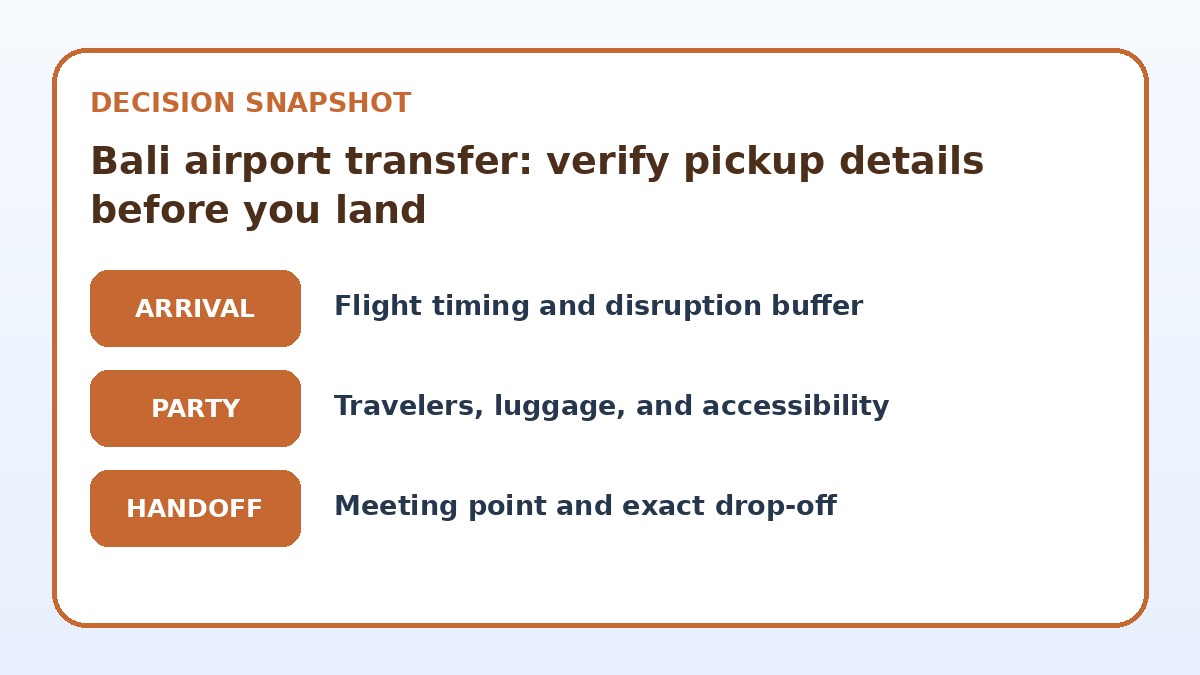 Decision guide for Bali airport transfer: verify pickup details before you land