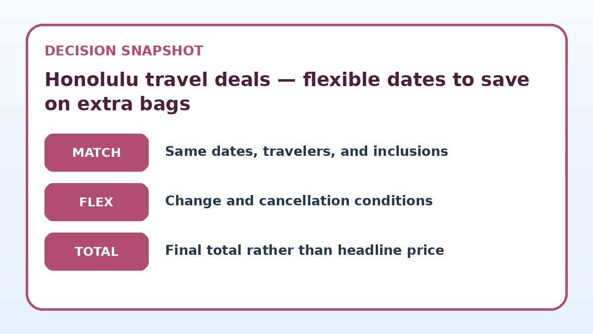 Decision guide for Honolulu travel deals — flexible dates to save on extra bags