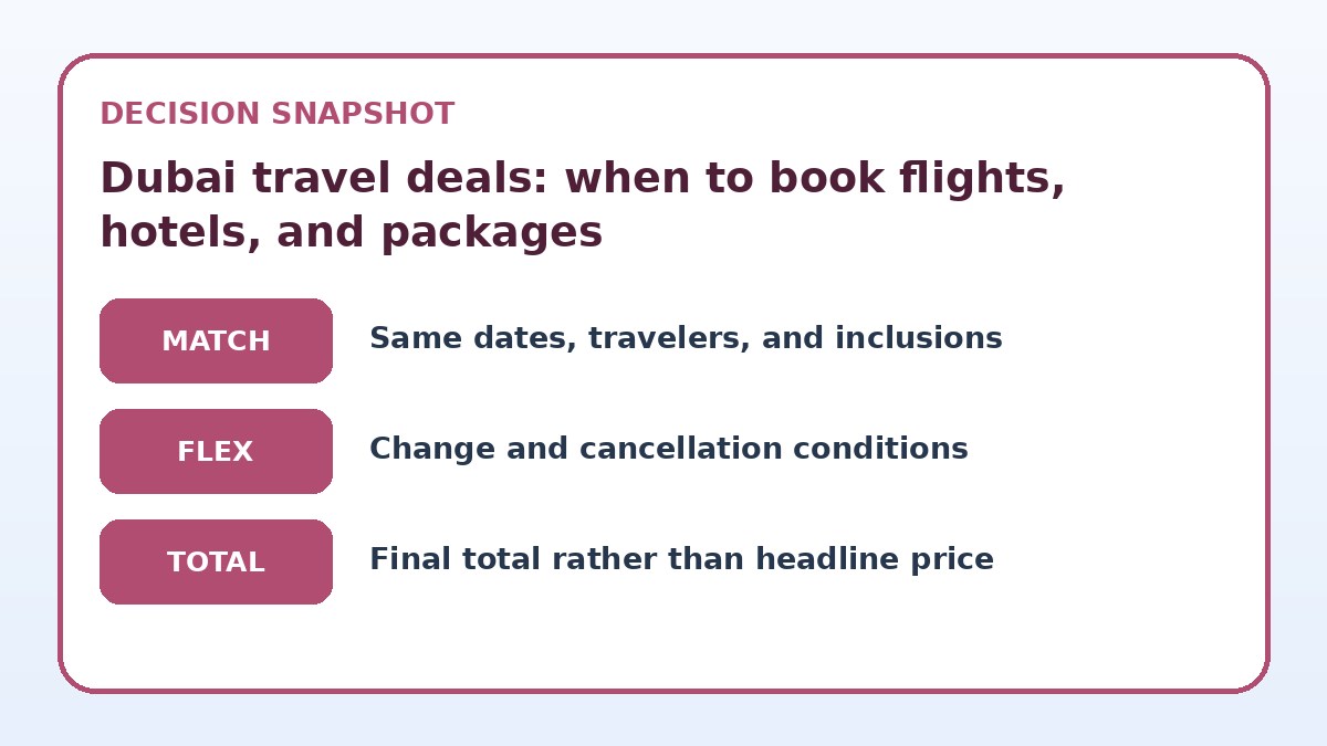Decision guide for Dubai travel deals: when to book flights, hotels, and packages