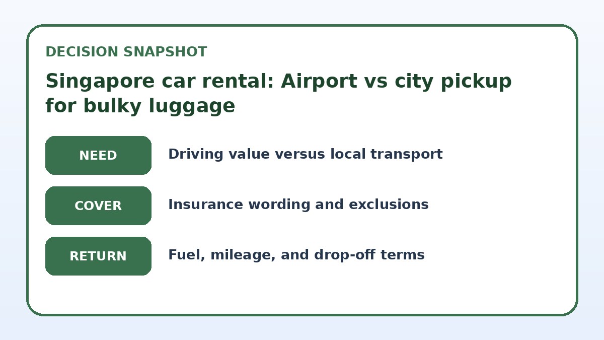 Decision guide for Singapore car rental: Airport vs city pickup for bulky luggage