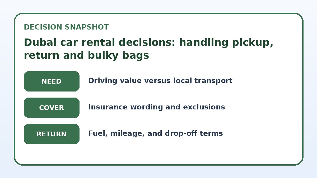 Decision guide for Dubai car rental decisions: handling pickup, return and bulky bags