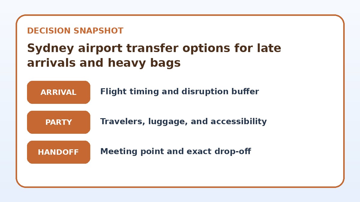 Decision guide for Sydney airport transfer options for late arrivals and heavy bags
