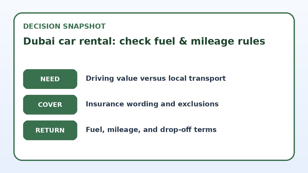 Decision guide for Dubai car rental: check fuel & mileage rules
