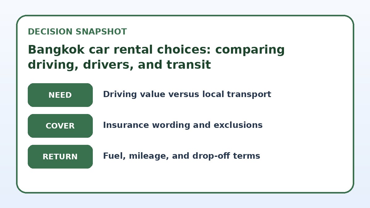 Decision guide for Bangkok car rental choices: comparing driving, drivers, and transit