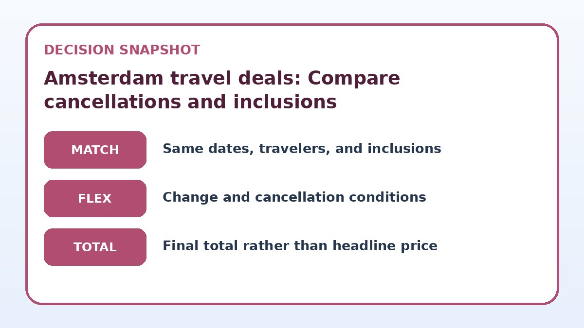 Decision guide for Amsterdam travel deals: Compare cancellations and inclusions