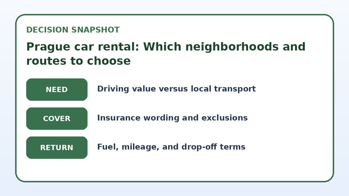 Decision guide for Prague car rental: Which neighborhoods and routes to choose