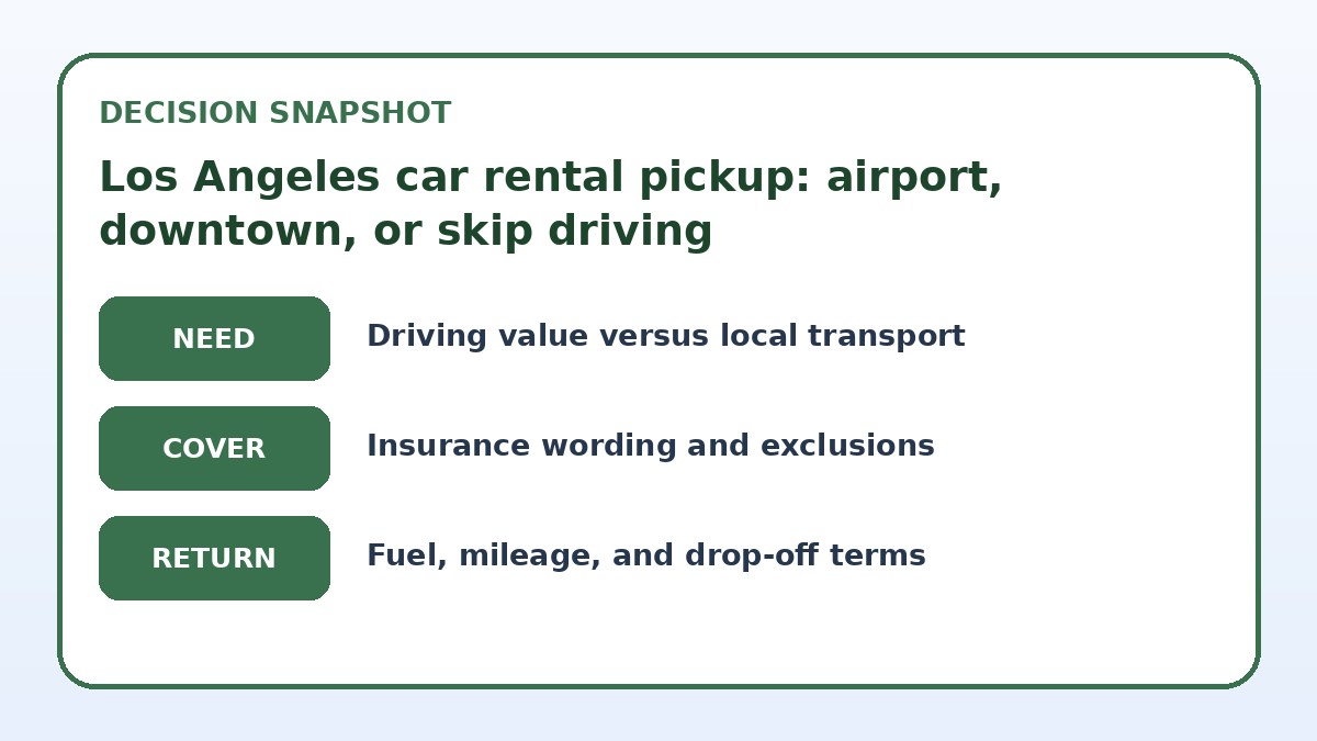 Decision guide for Los Angeles car rental pickup: airport, downtown, or skip driving