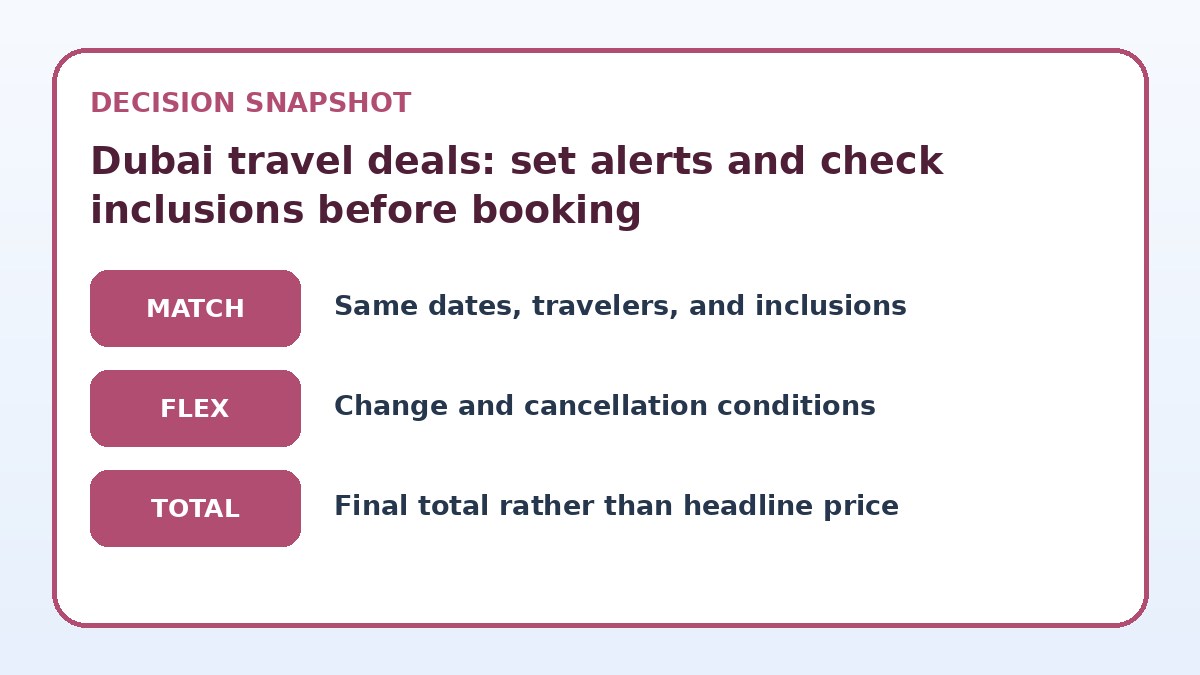 Decision guide for Dubai travel deals: set alerts and check inclusions before booking