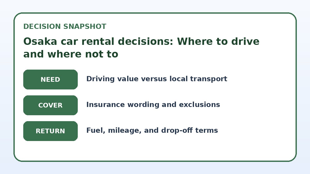 Decision guide for Osaka car rental decisions: Where to drive and where not to