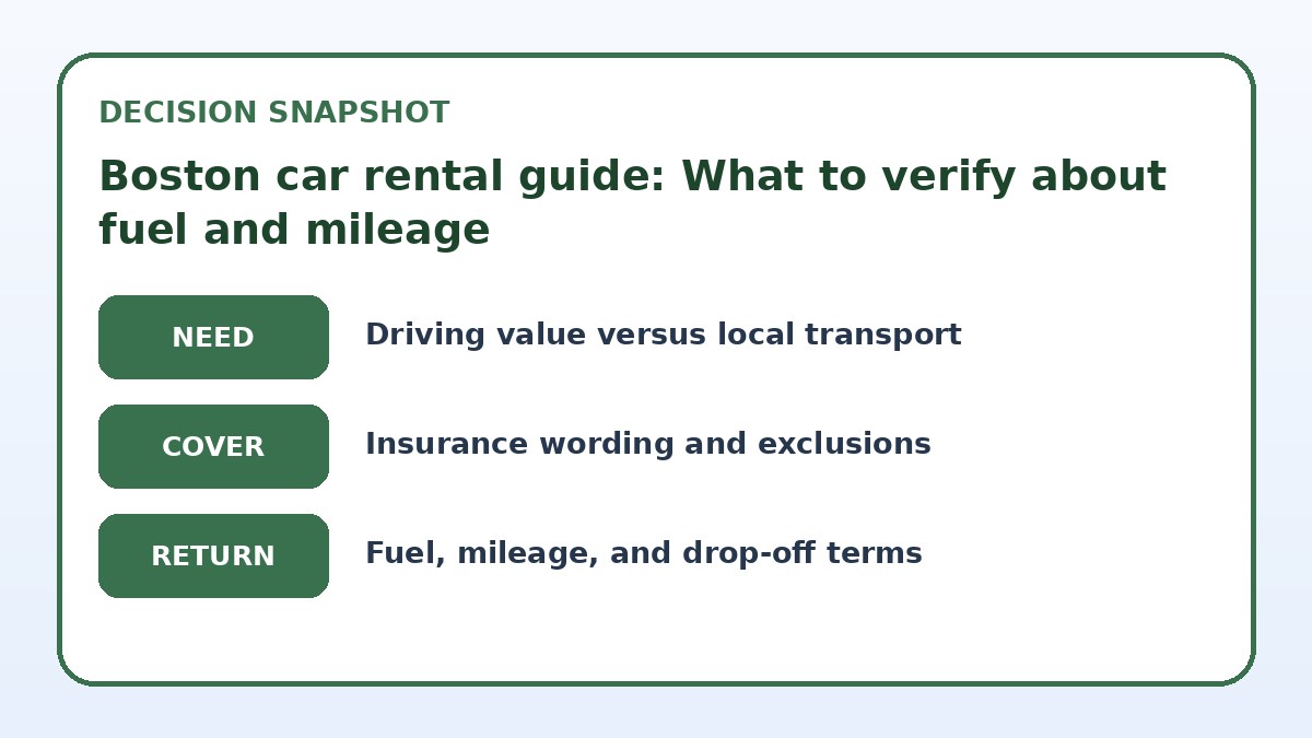 Decision guide for Boston car rental guide: What to verify about fuel and mileage
