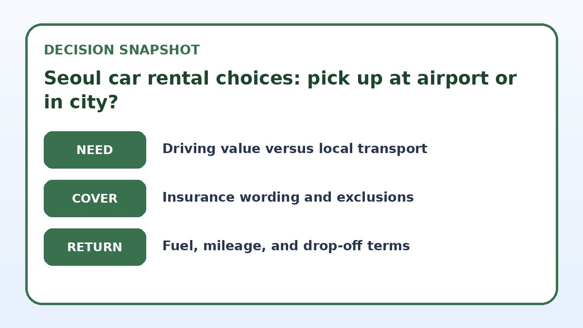 Decision guide for Seoul car rental choices: pick up at airport or in city?