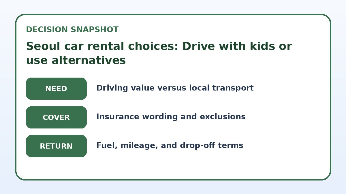 Decision guide for Seoul car rental choices: Drive with kids or use alternatives