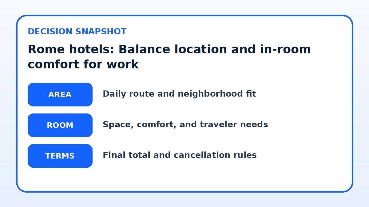 Decision guide for Rome hotels: Balance location and in-room comfort for work