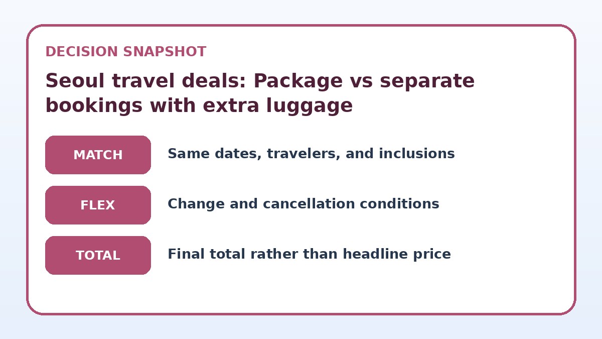 Decision guide for Seoul travel deals: Package vs separate bookings with extra luggage
