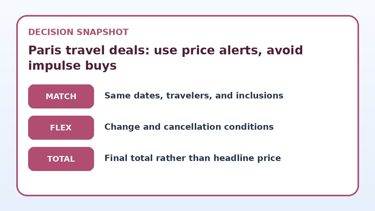 Decision guide for Paris travel deals: use price alerts, avoid impulse buys