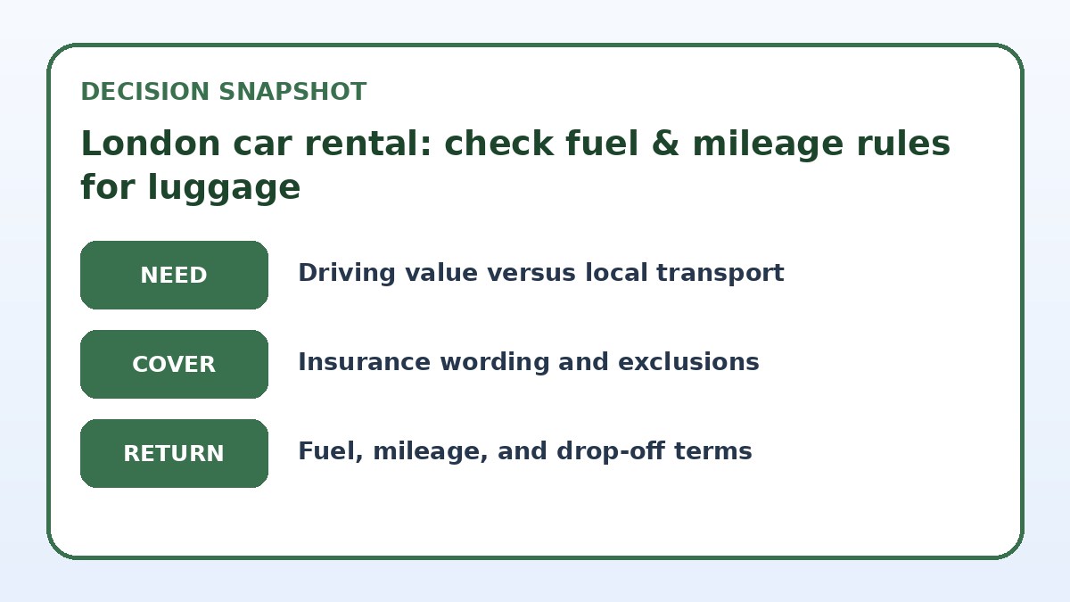 Decision guide for London car rental: check fuel & mileage rules for luggage