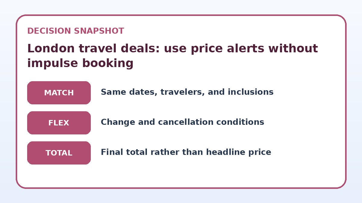 Decision guide for London travel deals: use price alerts without impulse booking