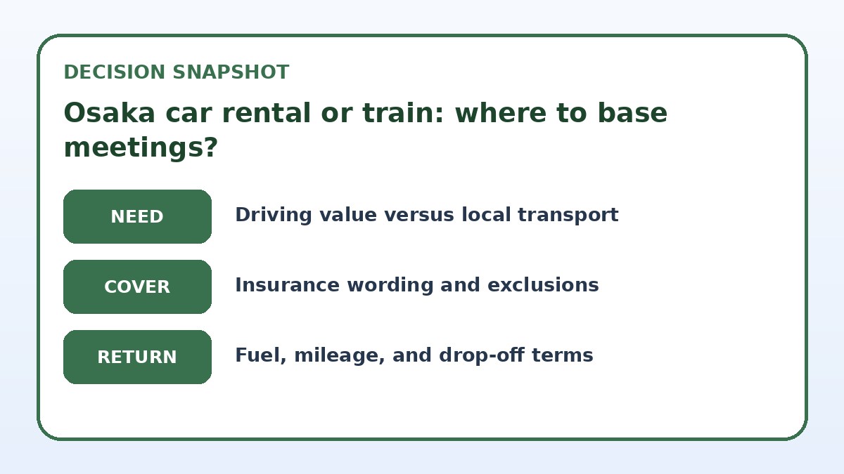 Decision guide for Osaka car rental or train: where to base meetings?