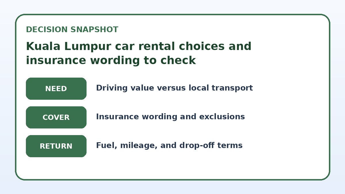Decision guide for Kuala Lumpur car rental choices and insurance wording to check