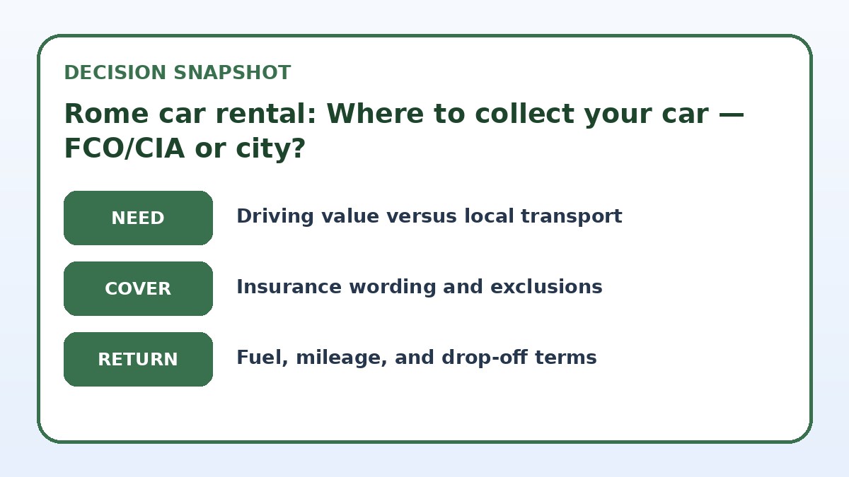 Decision guide for Rome car rental: Where to collect your car — FCO/CIA or city?