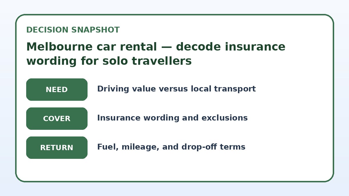 Decision guide for Melbourne car rental — decode insurance wording for solo travellers